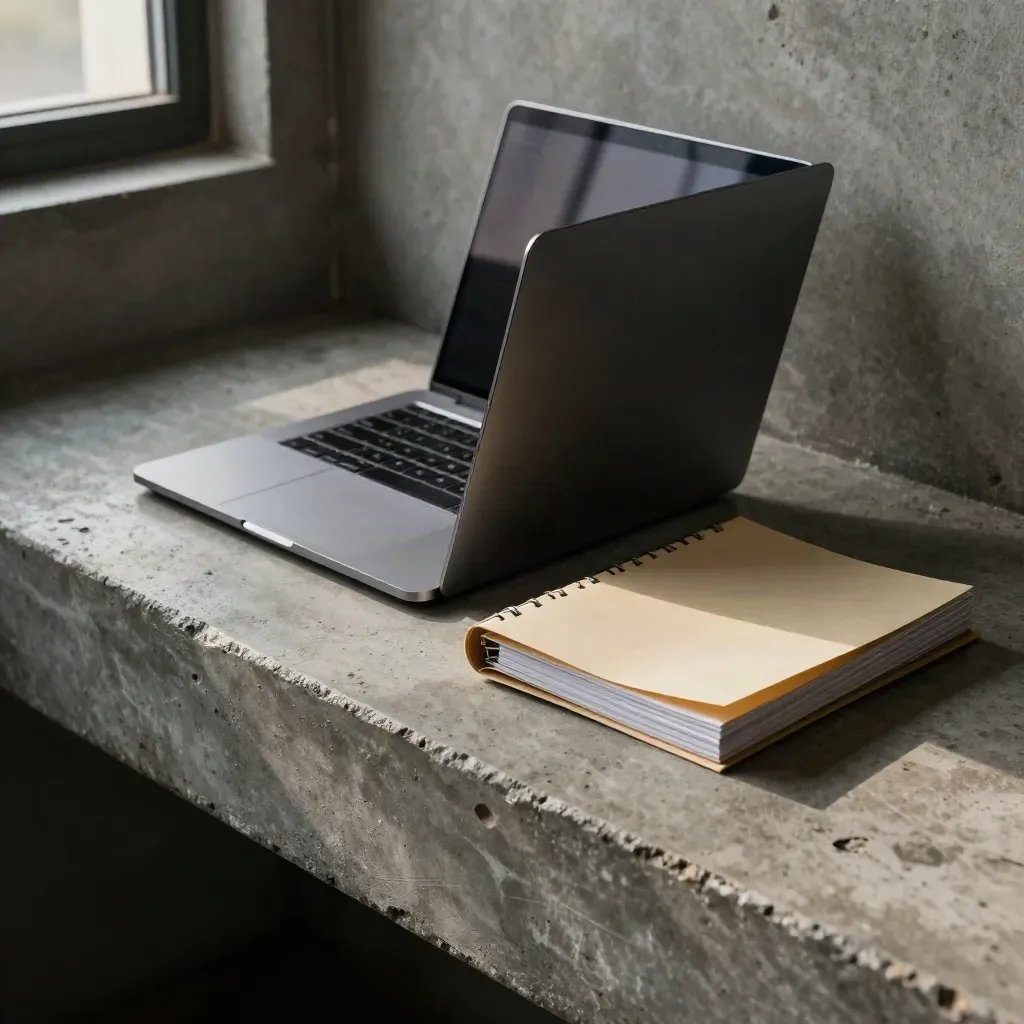 Open binder beside a laptop on a cold concrete bench, with clipped cards and dusty light.