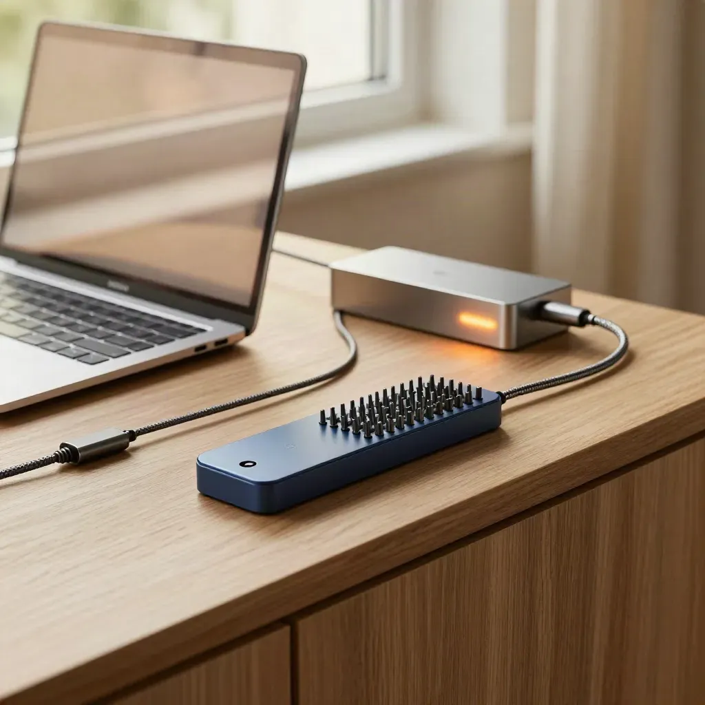Open laptop, dock, and cable comb glowing softly in warm window light on an oak sideboard