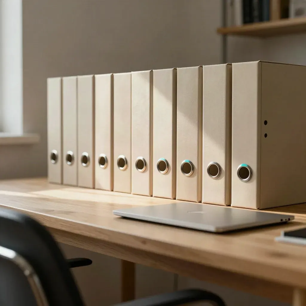 Low-angle studio scene with model-reference boxes, binder dividers, and an angled laptop