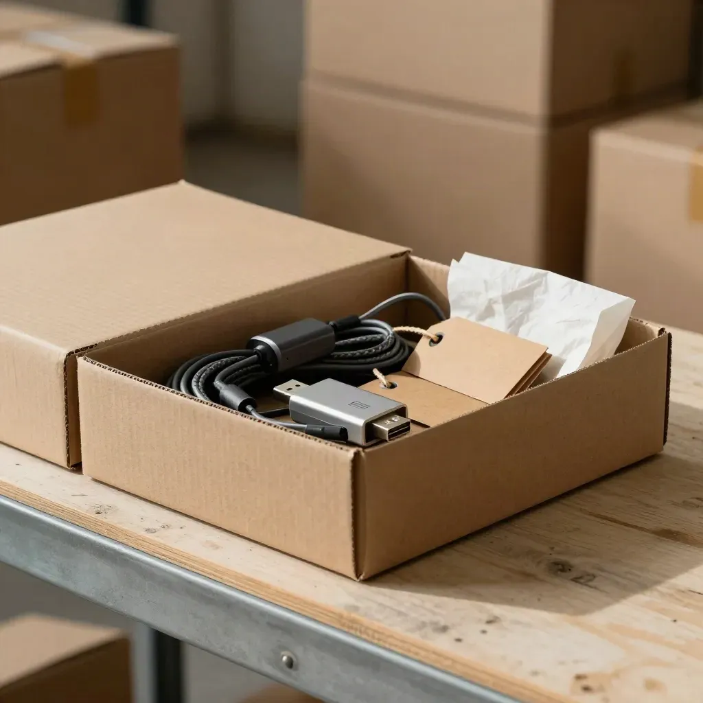 Open-source contributor pack in a recycled box with cables, adapters, and blank tags