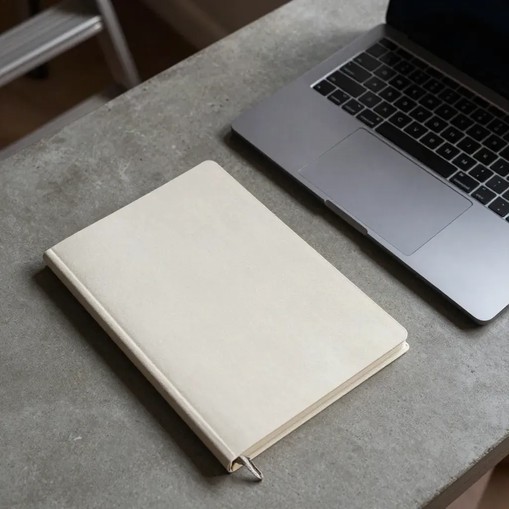 Overhead laptop, keyboard, and closed review notebook aligned on a concrete desk.