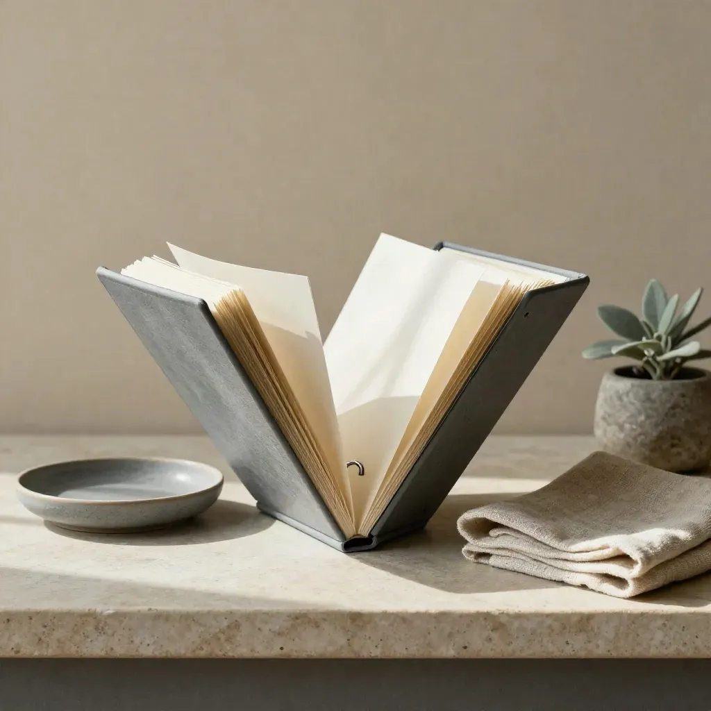 Graphite ring binder with tabs, dish, linen cloth, and small plant on stone shelf.