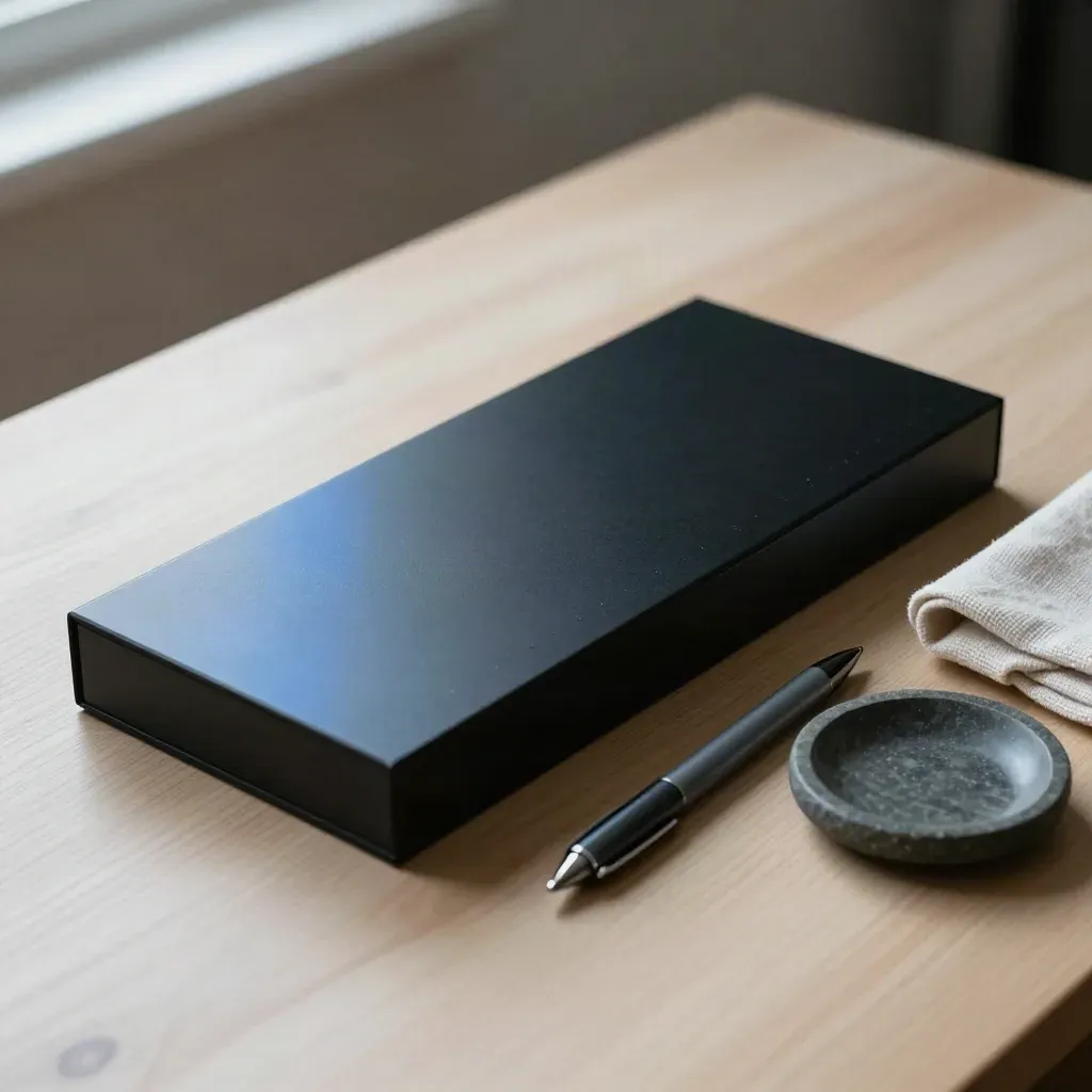 Lint-rules box, graphite pen, cloth and stone dish on pale oak in soft window light.
