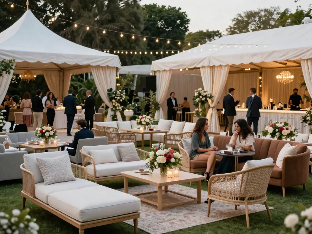 Stylish event furniture rental displayed in an upscale outdoor setting for weddings and corporate gatherings.